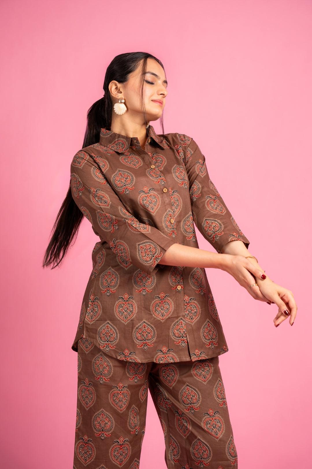 Ekisha's women brown beautiful multicolor floral printed cotton co-ord set lounge wear - Ekisha