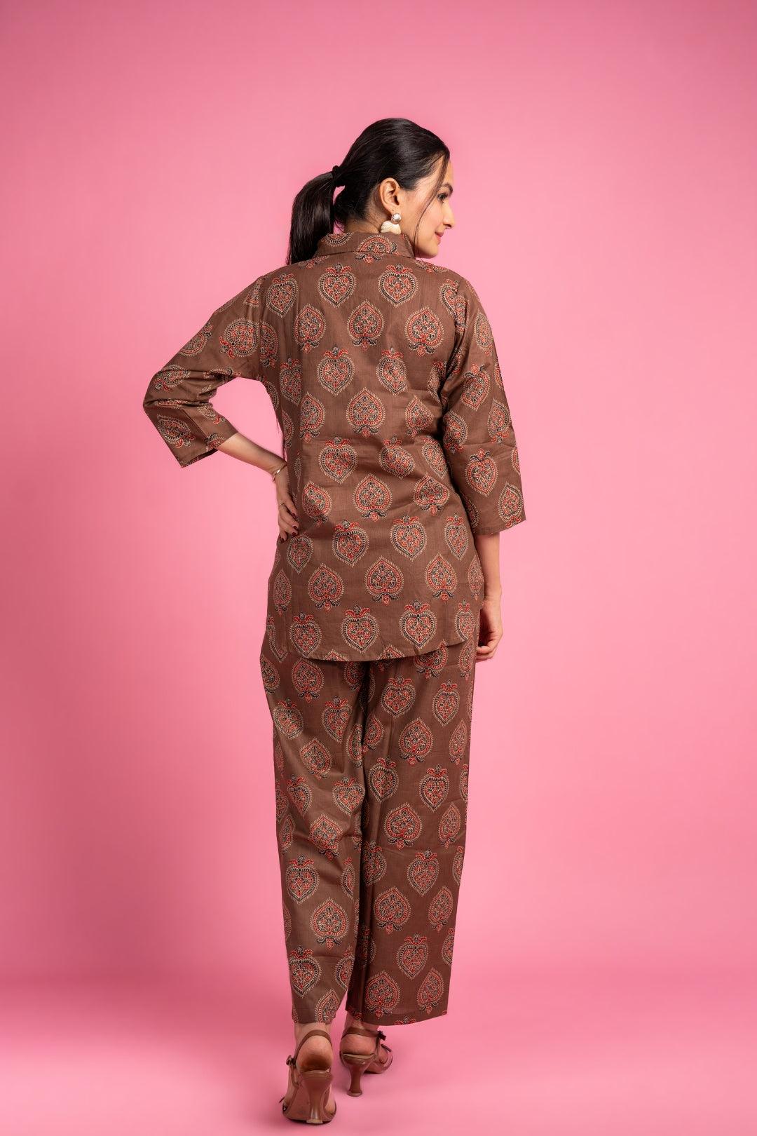 Ekisha's women brown beautiful multicolor floral printed cotton co-ord set lounge wear - Ekisha