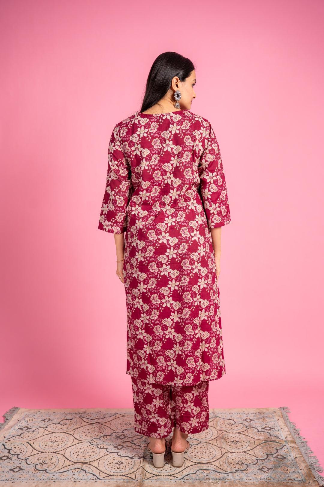 Ekisha's women maroon beautiful floral printed cotton co-ord set kurta set - Ekisha