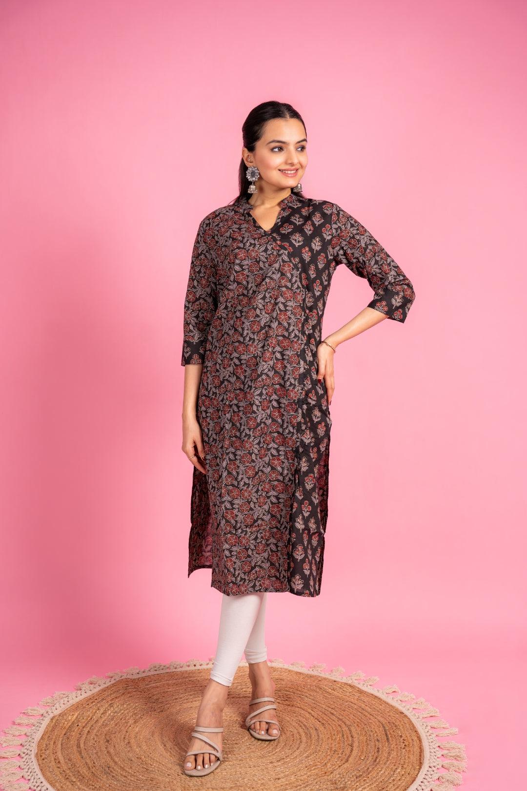 Ekisha women's cotton black floral printed angrakha kurta kurti - Ekisha