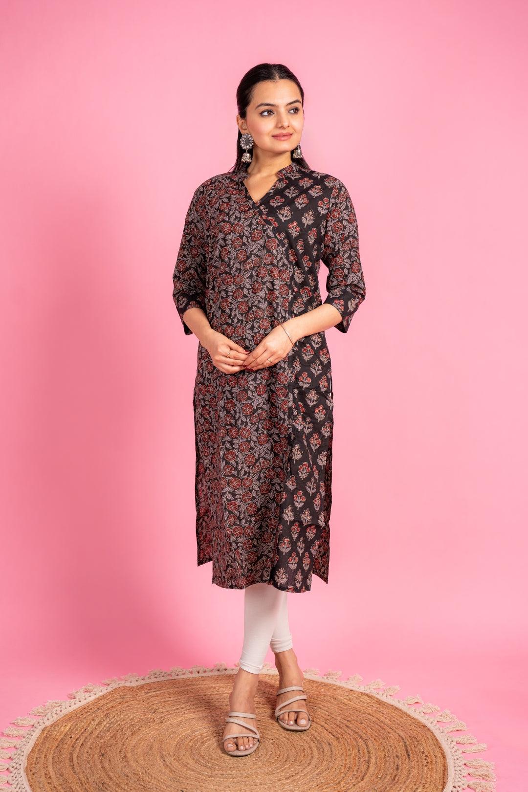 Ekisha women's cotton black floral printed angrakha kurta kurti - Ekisha