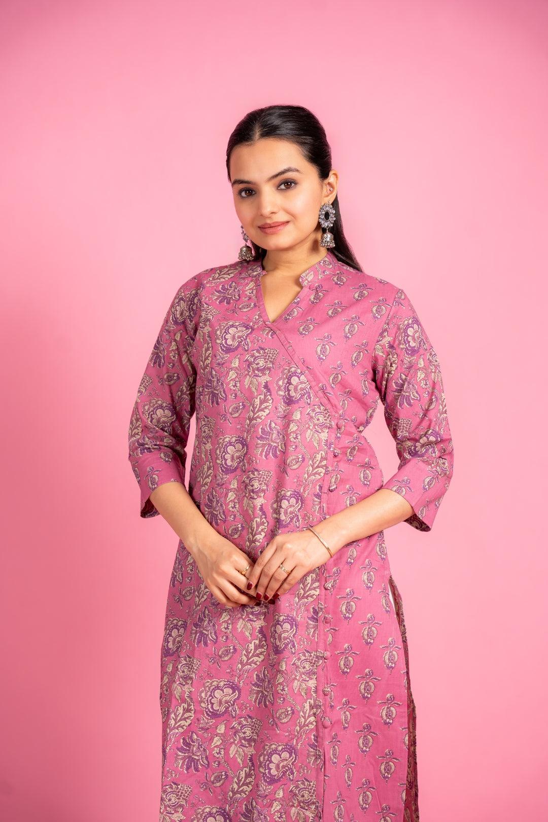 Ekisha women's cotton light pink floral printed angrakha kurta kurti - Ekisha