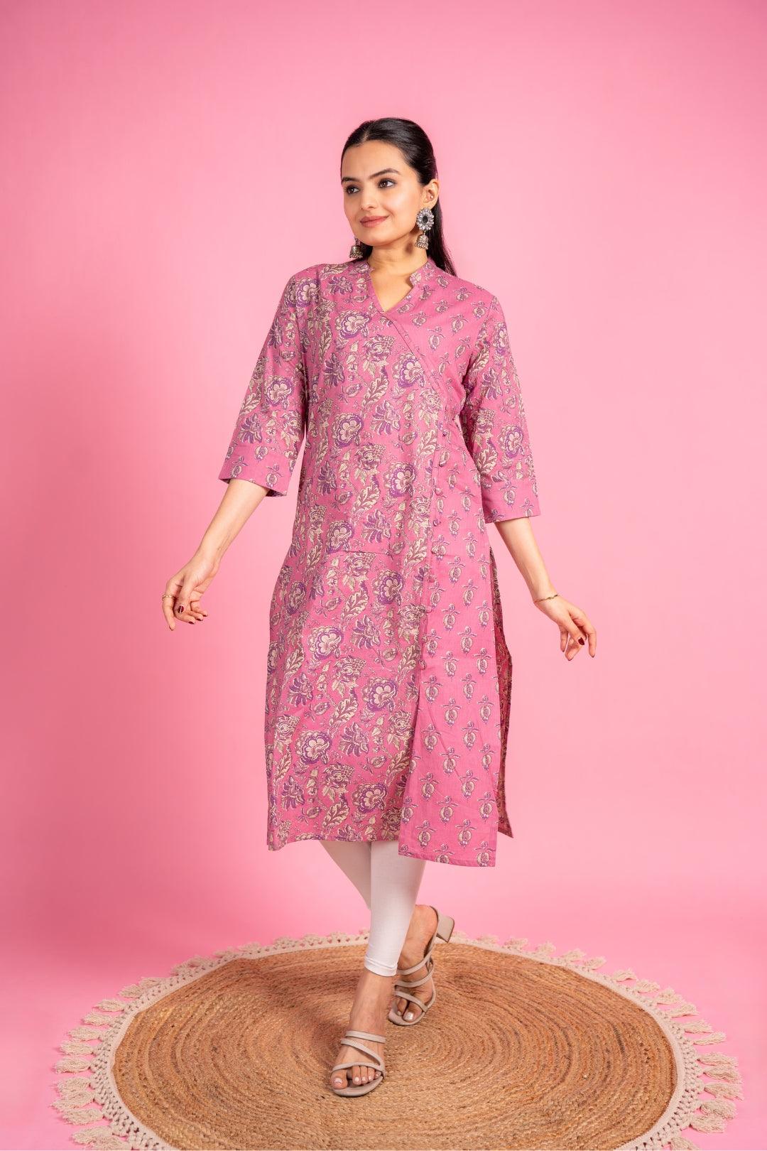 Ekisha women's cotton light pink floral printed angrakha kurta kurti - Ekisha