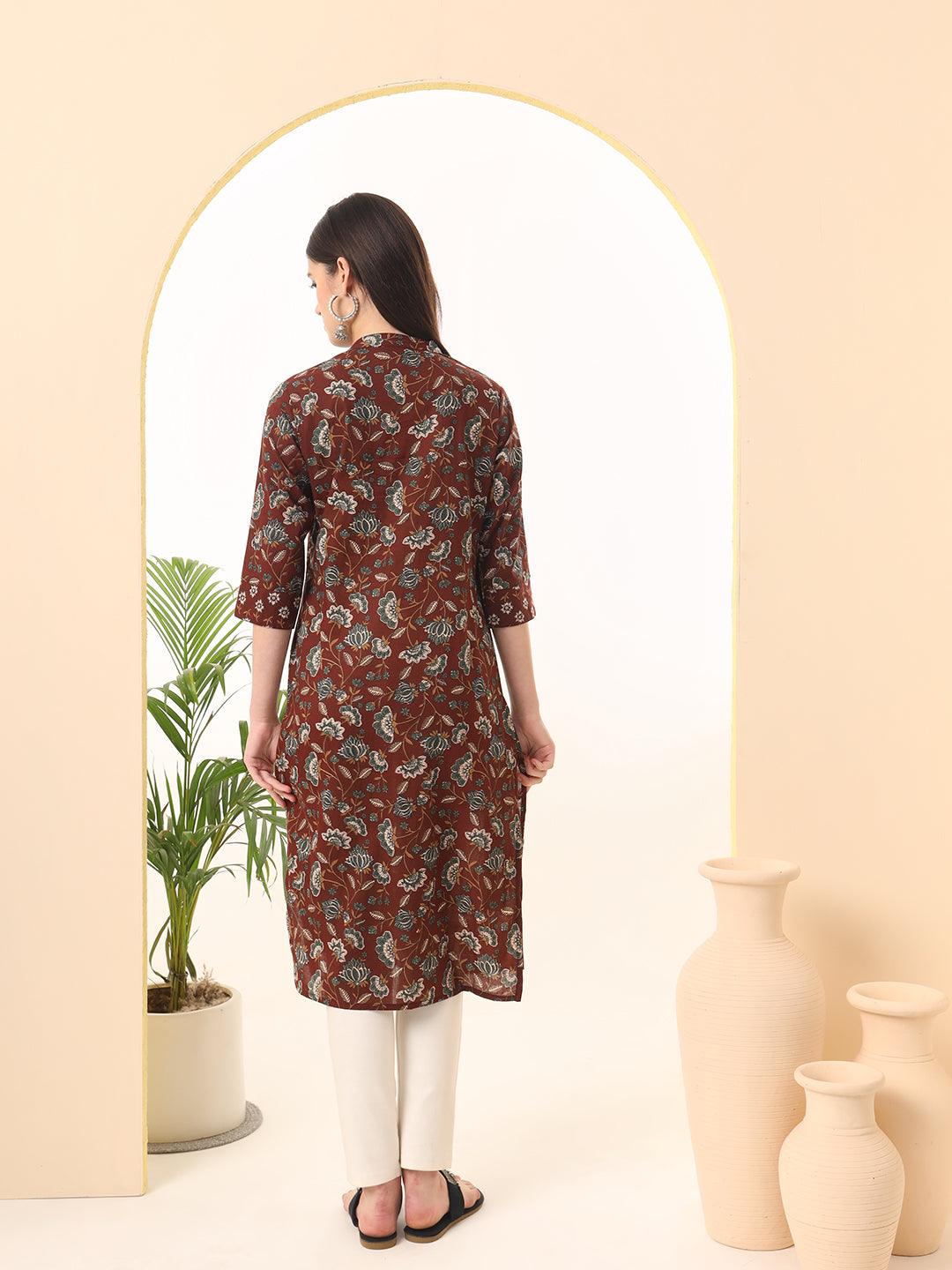 Ekisha women's cotton brown floral printed angrakha kurta kurti - Ekisha