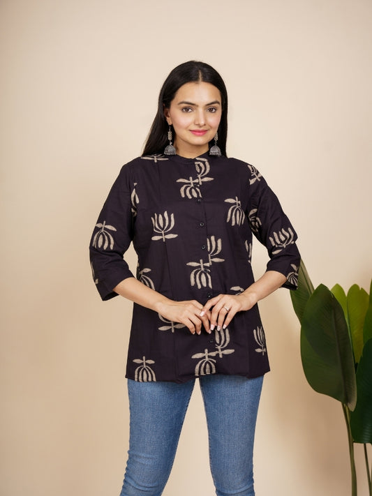 Ekisha's women black lotus designer cotton printed tunic top short kurti, front view 2
