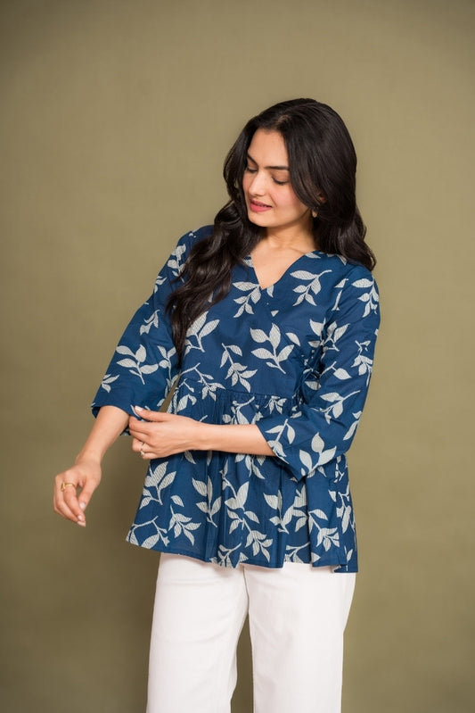 Ekisha's women blue abstract angrakha printed cotton tunic top short kurti, front view 3