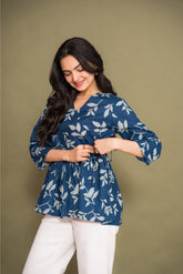 Ekisha's women blue abstract angrakha printed cotton tunic top short kurti, front view