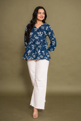 Ekisha's women blue abstract angrakha printed cotton tunic top short kurti, front view 1
