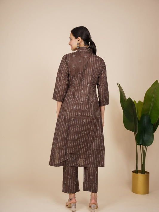 Ekisha's women brown designer floral printed cotton co-ord set lounge wear, back view