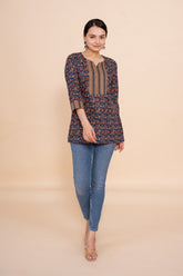 Women blue floral designer printed cotton tunic top short kurti, front view