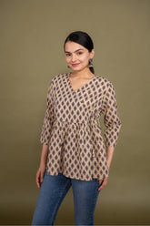 Women multicolor floral angrakha printed cotton tunic top short kurti, front side view