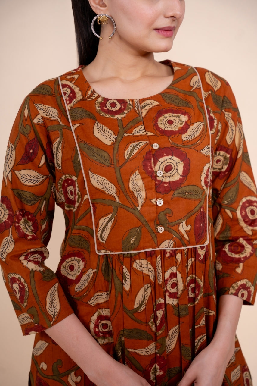 Women rust floral designer printed cotton co-ord set lounge wear, detailed view 3