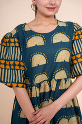 Ekisha's women blue multicolor floral designer printed pure cotton midi dress, detailed view