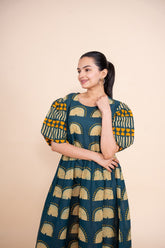 Ekisha's women blue multicolor floral designer printed pure cotton midi dress, front view 3