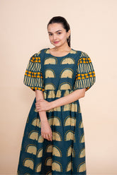 Ekisha's women blue multicolor floral designer printed pure cotton midi dress, front view 4