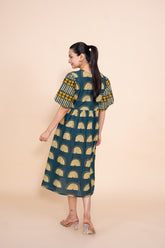 Ekisha's women blue multicolor floral designer printed pure cotton midi dress, back view