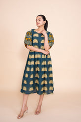 Ekisha's women blue multicolor floral designer printed pure cotton midi dress, front view 6