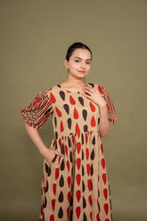 Women printed multicolor abstract designer pure cotton midi dress, front view