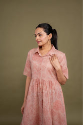 Women printed pink floral designer pure cotton midi dress, front view 2