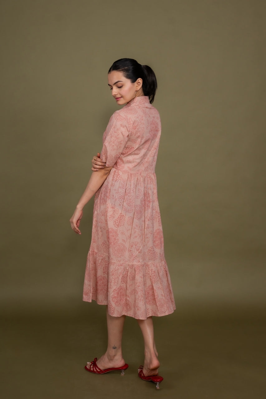 Women printed pink floral designer pure cotton midi dress, side view
