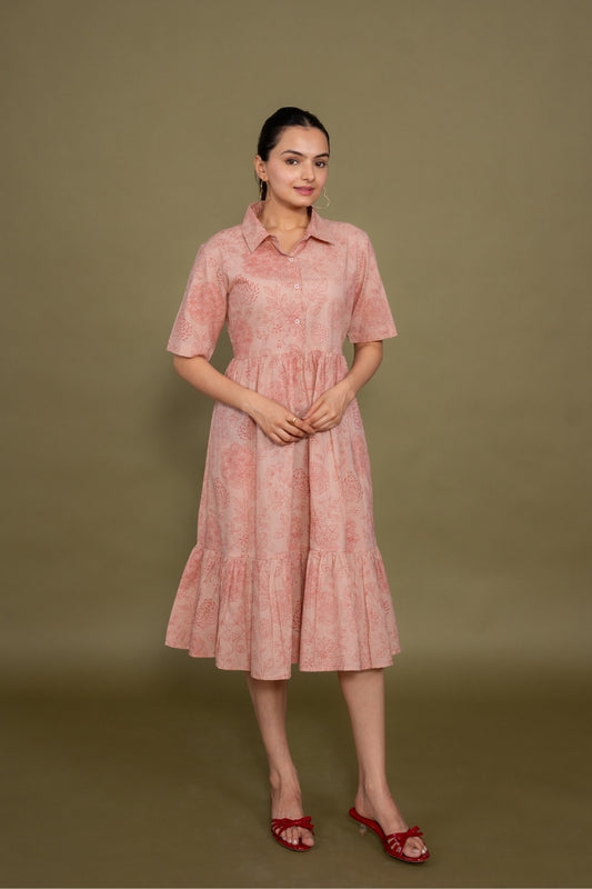 Women printed pink floral designer pure cotton midi dress, front view 5