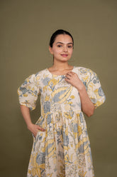Ekisha's women cream multicolor floral printed pure cotton midi dress, detailed view