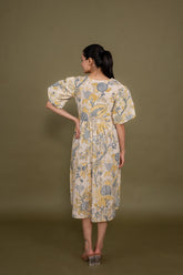 Ekisha's women cream multicolor floral printed pure cotton midi dress, back view