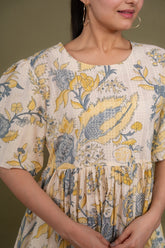 Ekisha's women cream multicolor floral printed pure cotton midi dress, detailed view