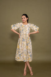 Ekisha's women cream multicolor floral printed pure cotton midi dress, front view 3
