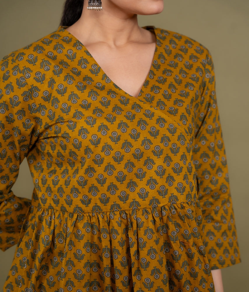 Women mustard floral angrakha printed cotton tunic top short kurti, detailed view