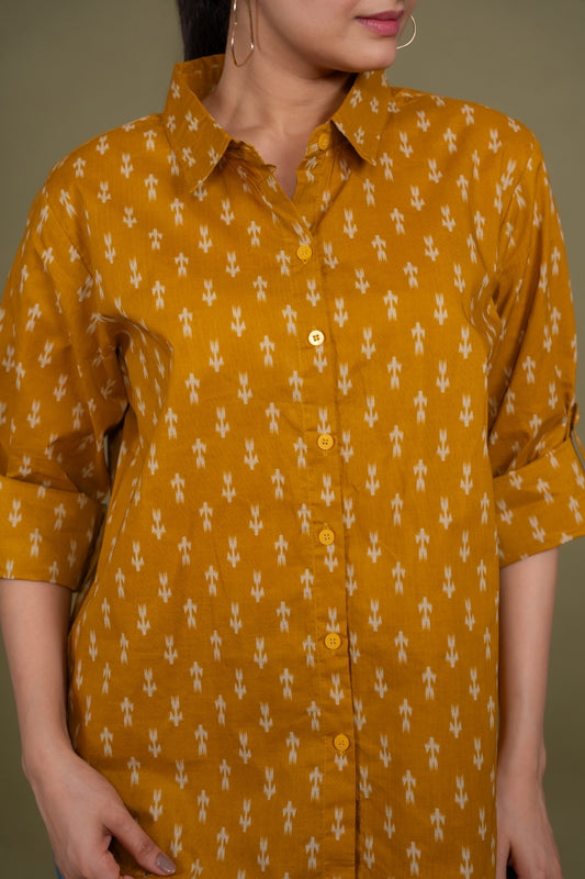 Women Pure Cotton Mustard Ikat printed relaxed fit shirt, detailed view