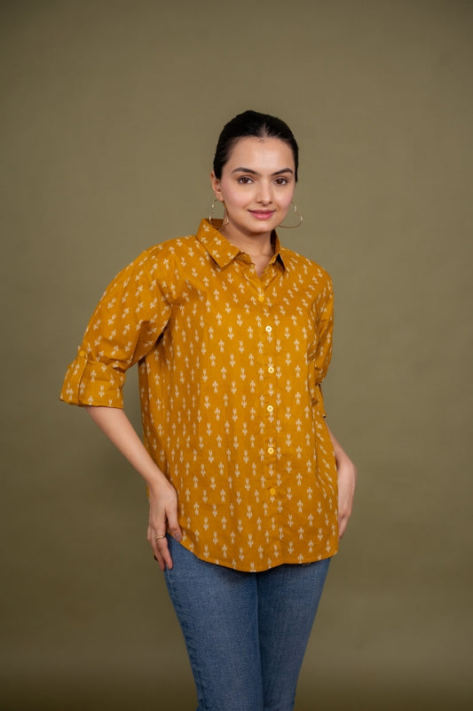 Women Pure Cotton Mustard Ikat printed relaxed fit shirt, front view 3