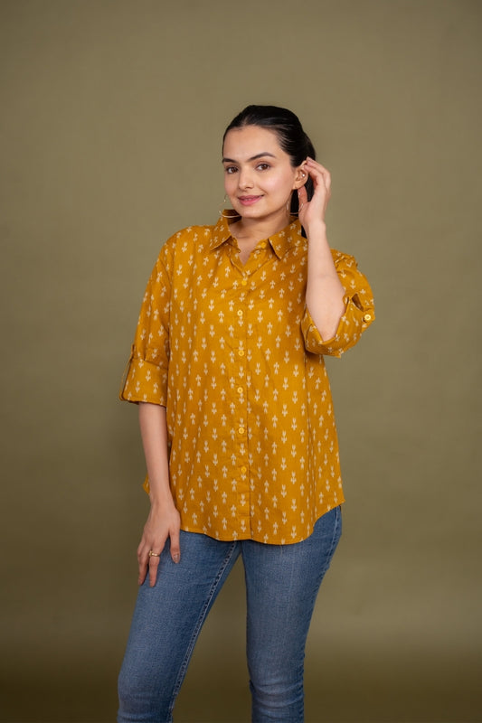Women Pure Cotton Mustard Ikat printed relaxed fit shirt, front view 4