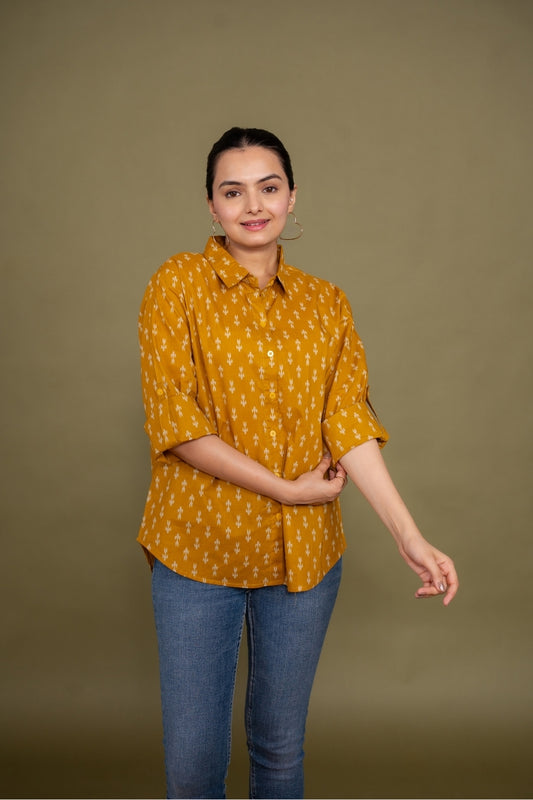 Women Pure Cotton Mustard Ikat printed relaxed fit shirt, front view 6