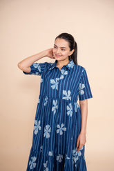 Women printed blue floral designer pure cotton midi dress, front view 2