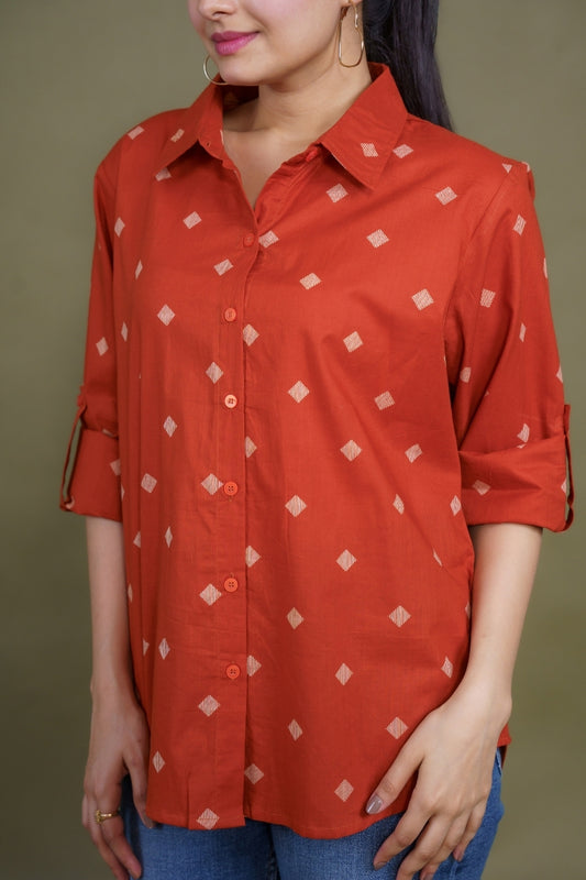 Women Pure Cotton Orange abstract printed relaxed fit shirt, detailed view
