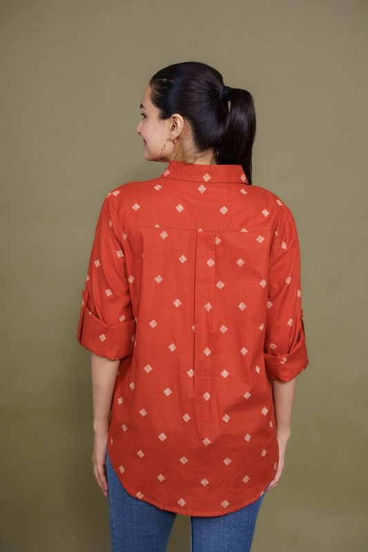 Women Pure Cotton Orange abstract printed relaxed fit shirt,back view