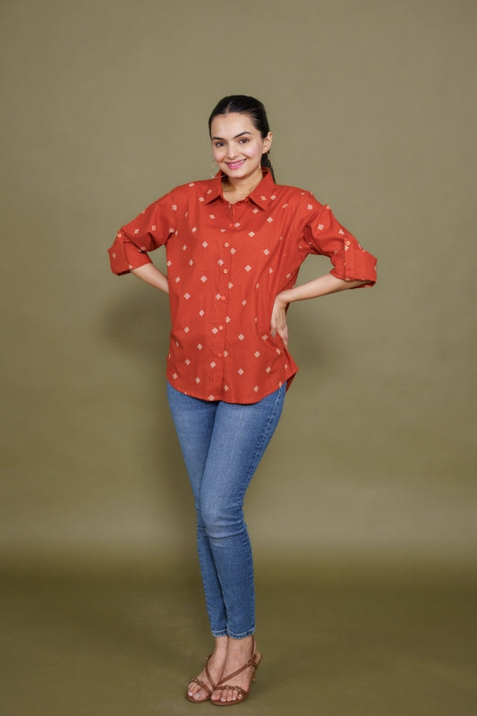 Women Pure Cotton Orange abstract printed relaxed fit shirt, front view 3