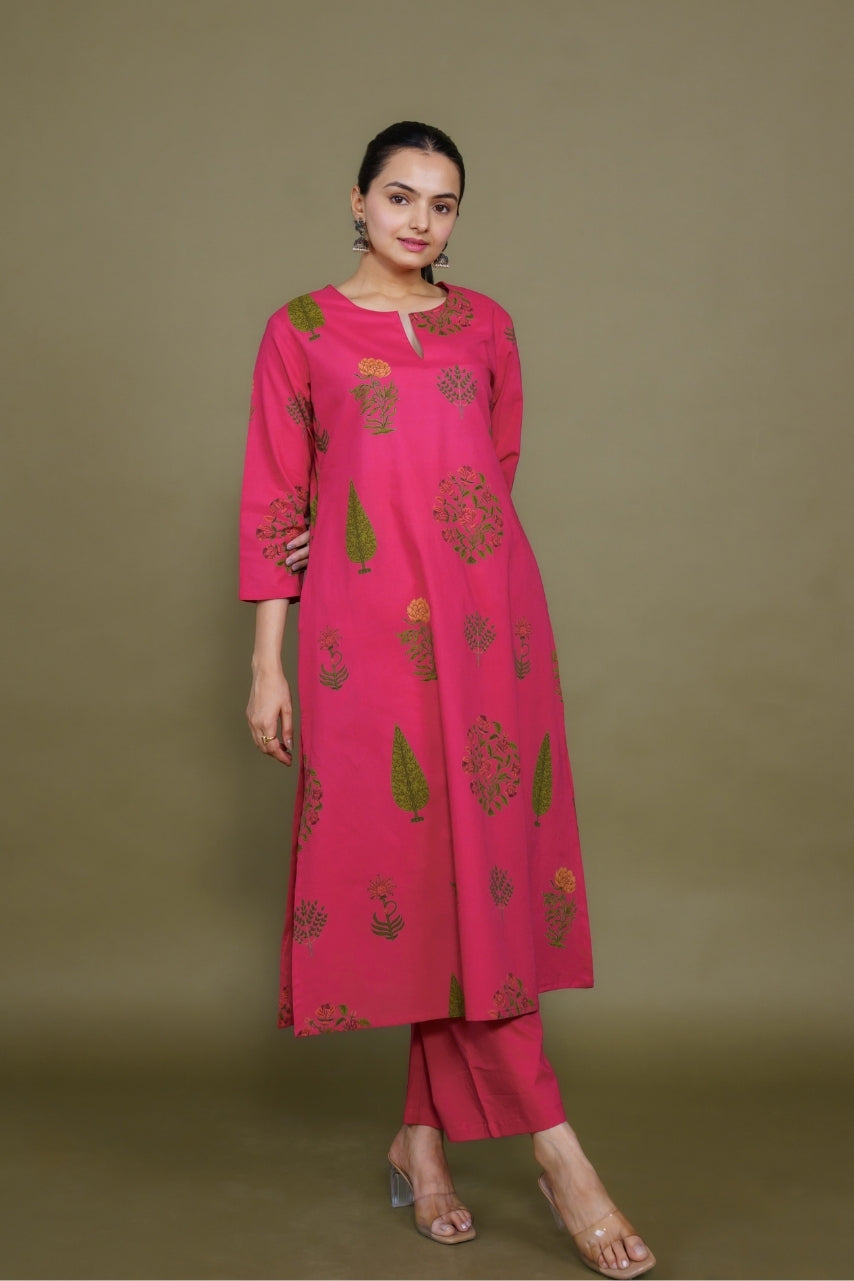 Women rani designer printed floral pure cotton Co-Ord Set, front view 5