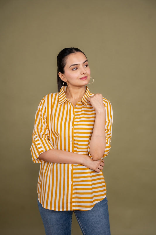 Women Pure Cotton yellow white stripes printed relaxed fit shirt, front view