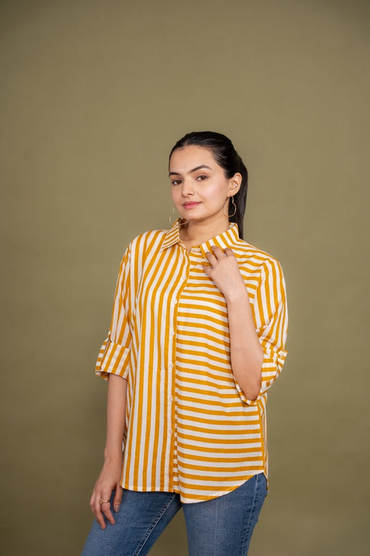 Women Pure Cotton yellow white stripes printed relaxed fit shirt, side view