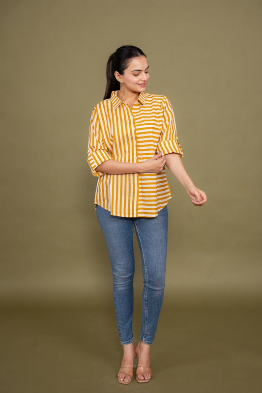 Women Pure Cotton yellow white stripes printed relaxed fit shirt, front view 2