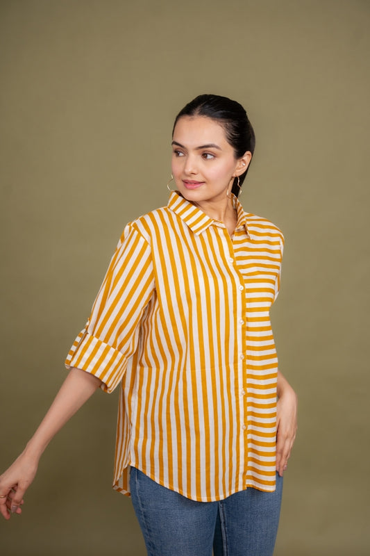 Women Pure Cotton yellow white stripes printed relaxed fit shirt, front view 4