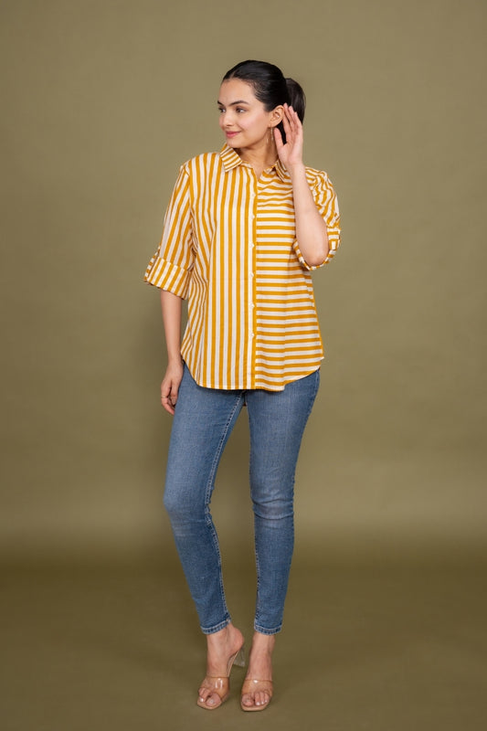Women Pure Cotton yellow white stripes printed relaxed fit shirt, front view 6
