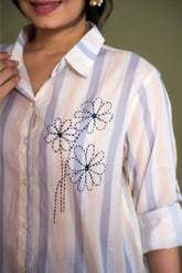 Ekisha women cotton white blue color stripes printed embroidered relaxed fit shirt, detailed view