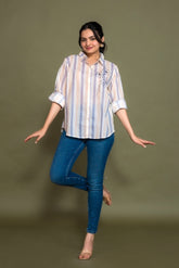 Ekisha women cotton white blue color stripes printed embroidered relaxed fit shirt, front view 4