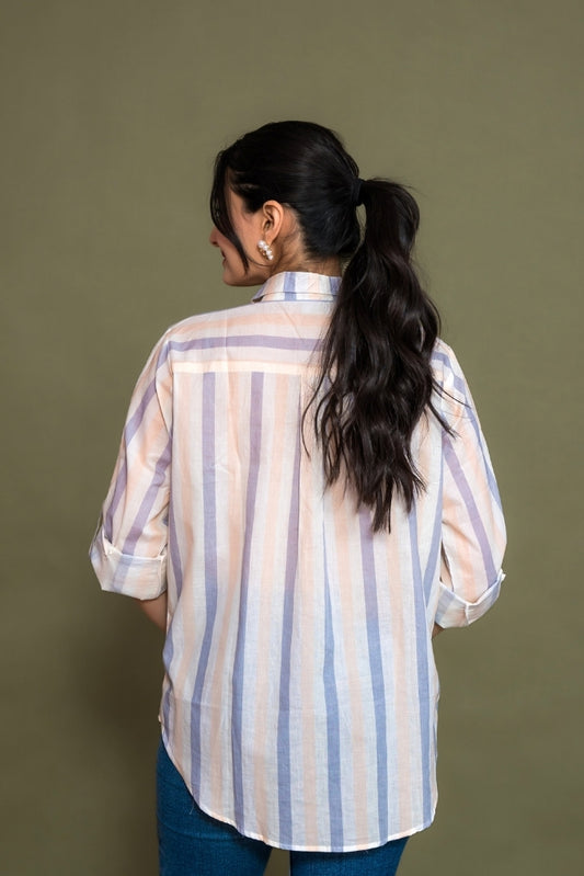 Ekisha women cotton white blue color stripes printed embroidered relaxed fit shirt, back view
