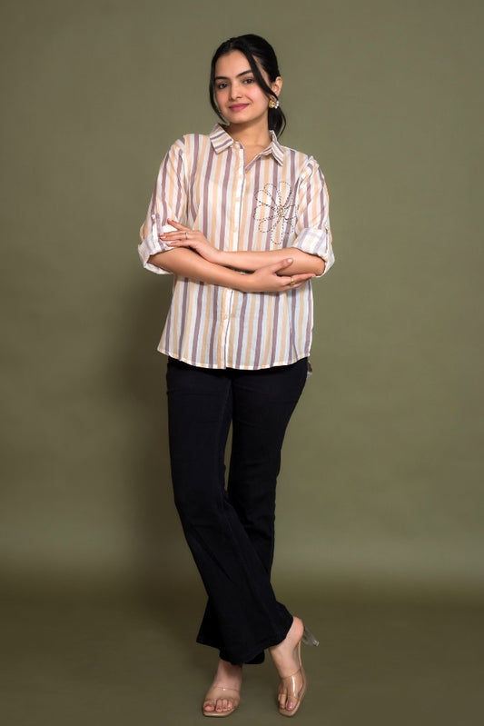 Ekisha women cotton white brown color stripes printed embroidered relaxed fit shirt, front view 3