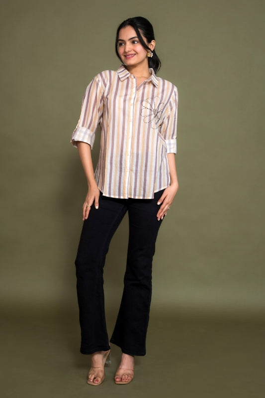 Ekisha women cotton white brown color stripes printed embroidered relaxed fit shirt, front view 6