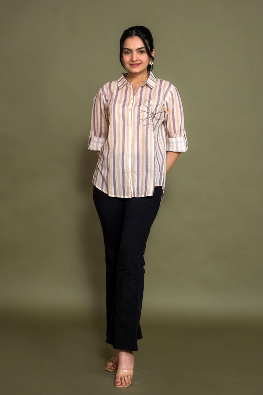 Ekisha women cotton white brown color stripes printed embroidered relaxed fit shirt, front view 2